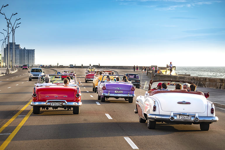Classic American cars on Havana's Malecón.