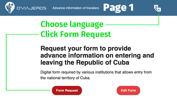 D'Viajeros Cuban Entry Form homepage.
