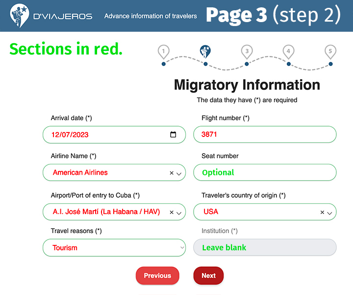 D'Viajeros Cuban Entry Form Migratory Information page.