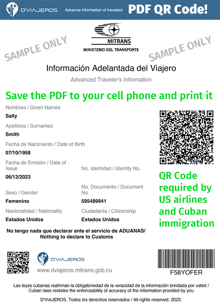 D'Viajeros Cuban Entry Form Success PDF QR Code Result page.