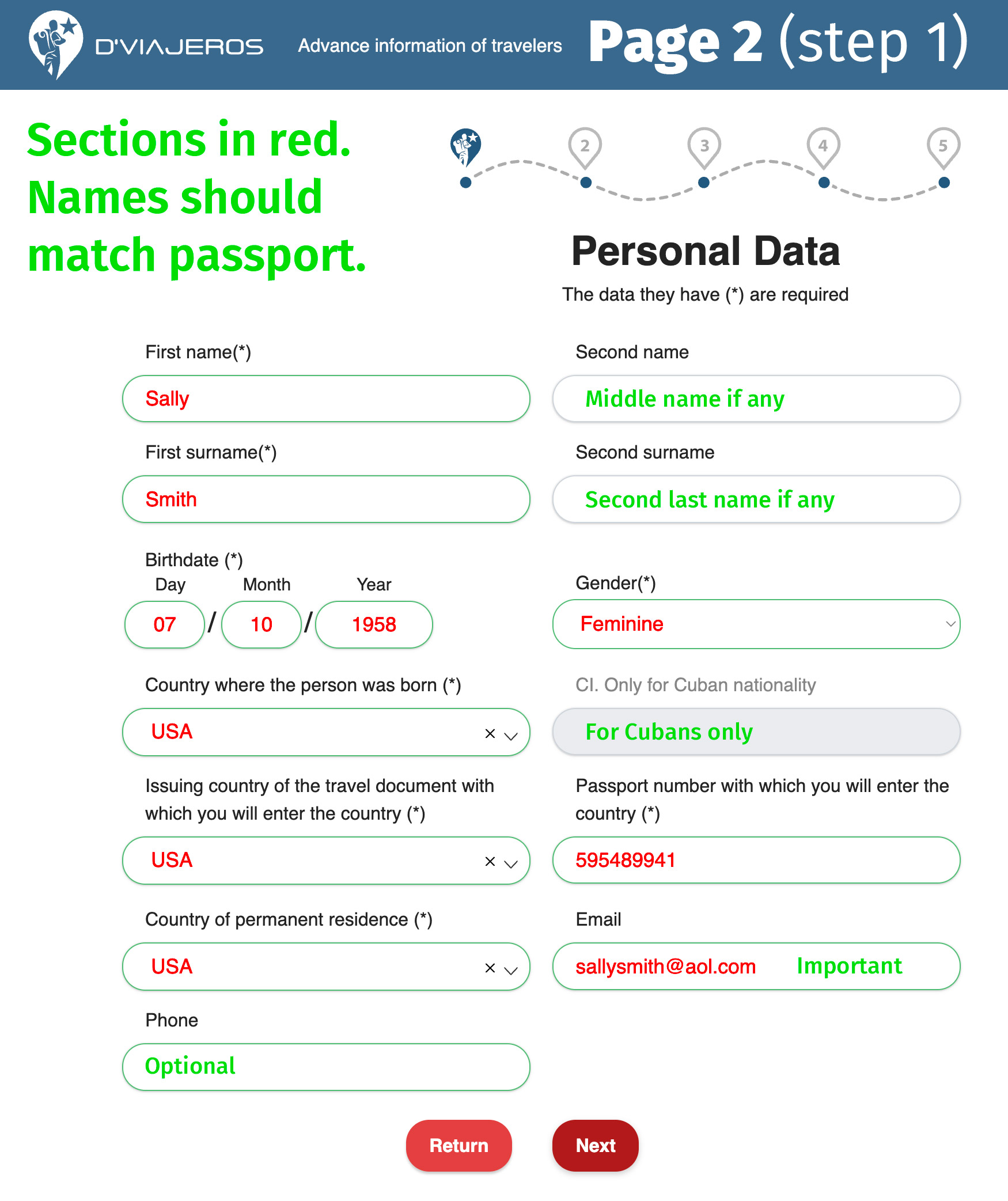 D'Viajeros Cuban Entry Form Personal Data page.