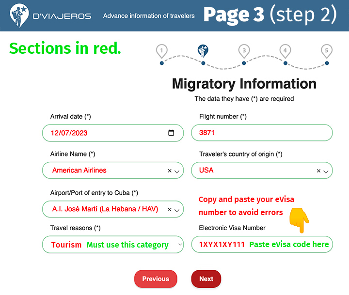 D'Viajeros Cuban Entry Form Migratory Information page.