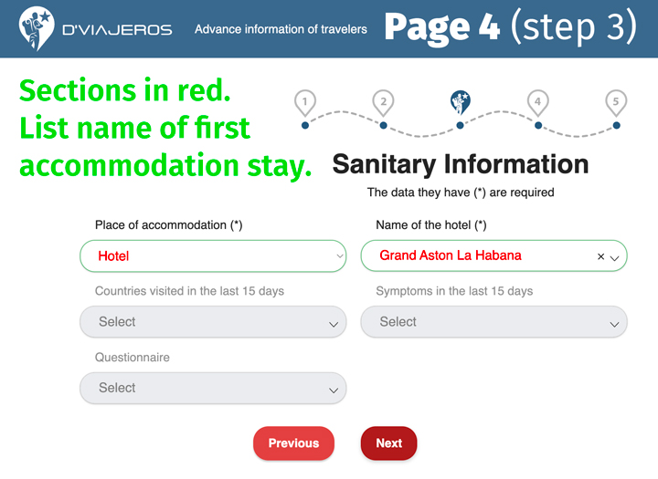 D'Viajeros Cuban Entry Form Sanitary Information page.