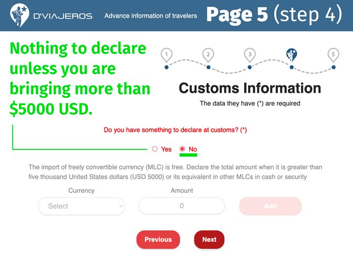D'Viajeros Cuban Entry Form Customs Information page.