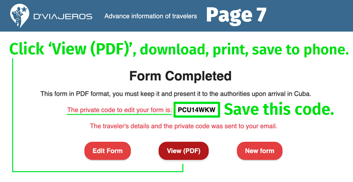 D'Viajeros Cuban Entry Form Completed page.