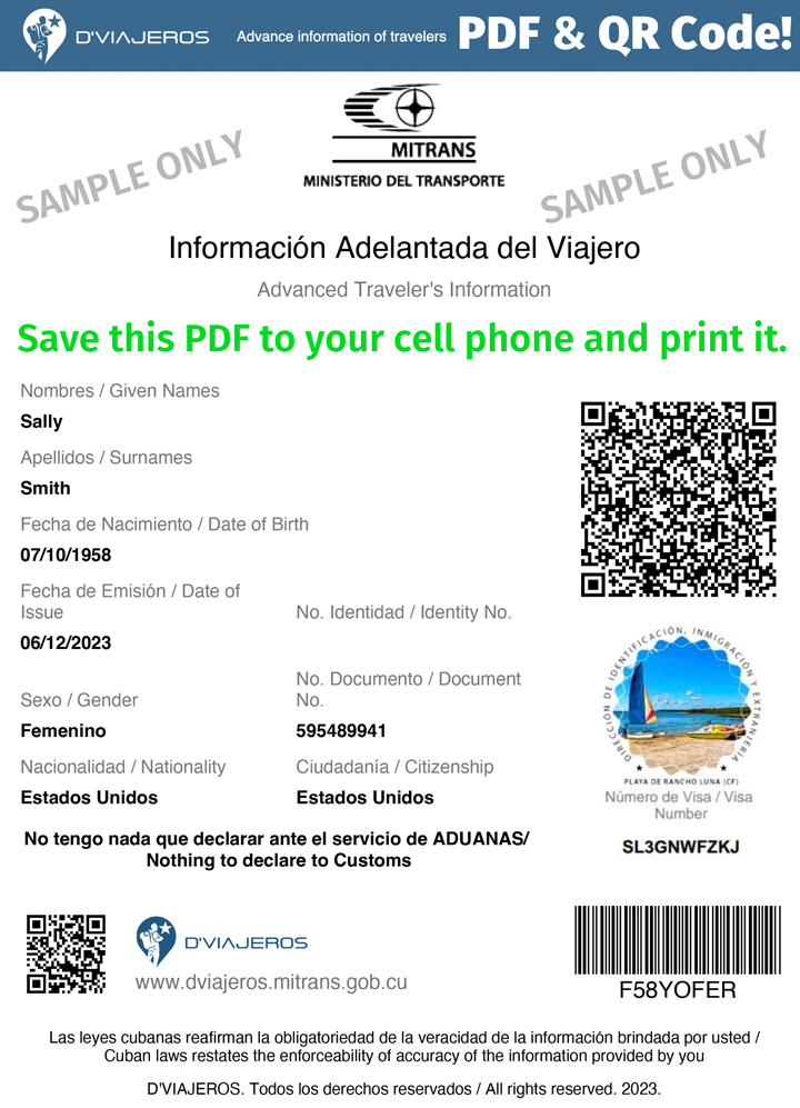 D'Viajeros Cuban Entry Form Success PDF QR Code Result page.